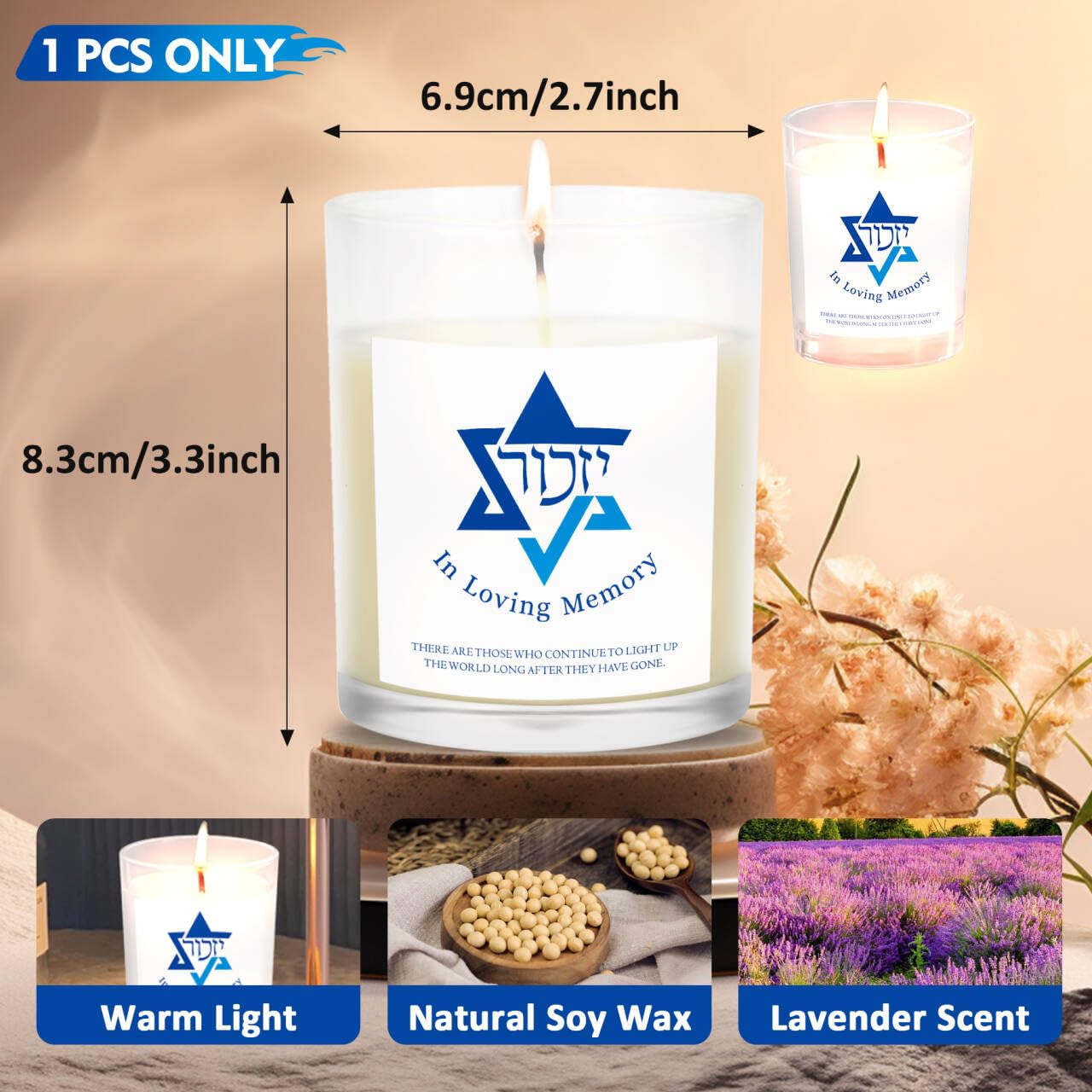 Yahrzeit Świece – świece pamiątkowe Yahrzeit, świece pamiątkowe na utratę ukochanej osoby, żydowskie świece pamiątkowe, naturalna świeca z wosku sojowego, ręcznie nalewana 170 ml