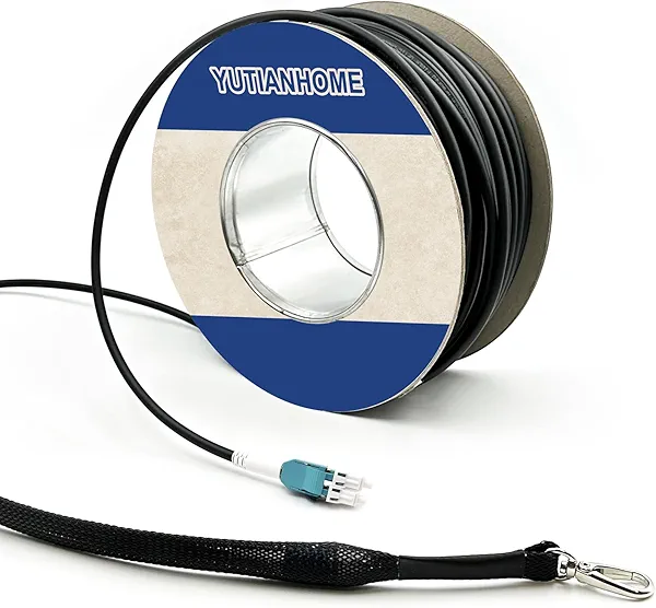 500ft/150m OD-5mm Industrial TPU OM3 Fiber LC to LC Outdoor Armored Fiber Patch Cable, Duplex Multimode Fiber Optic Cable, 10Gb, 50/125, Uniboot LC-LC with Pulling Eye Kit Installed on one end