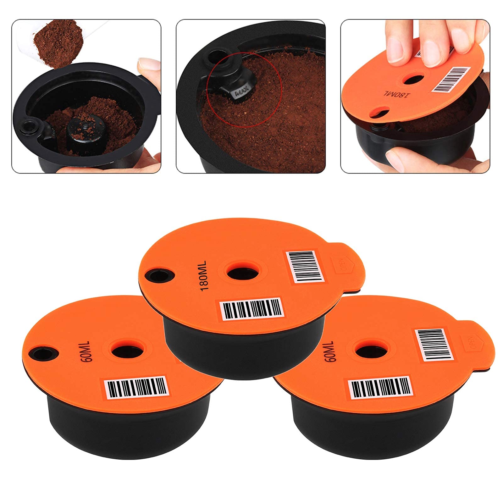 Cápsulas de café de plástico reutilizables recargables para Bosch Tassimo, hogar, oficina, cafetería (2 unidades de 60 ml + 180 ml)