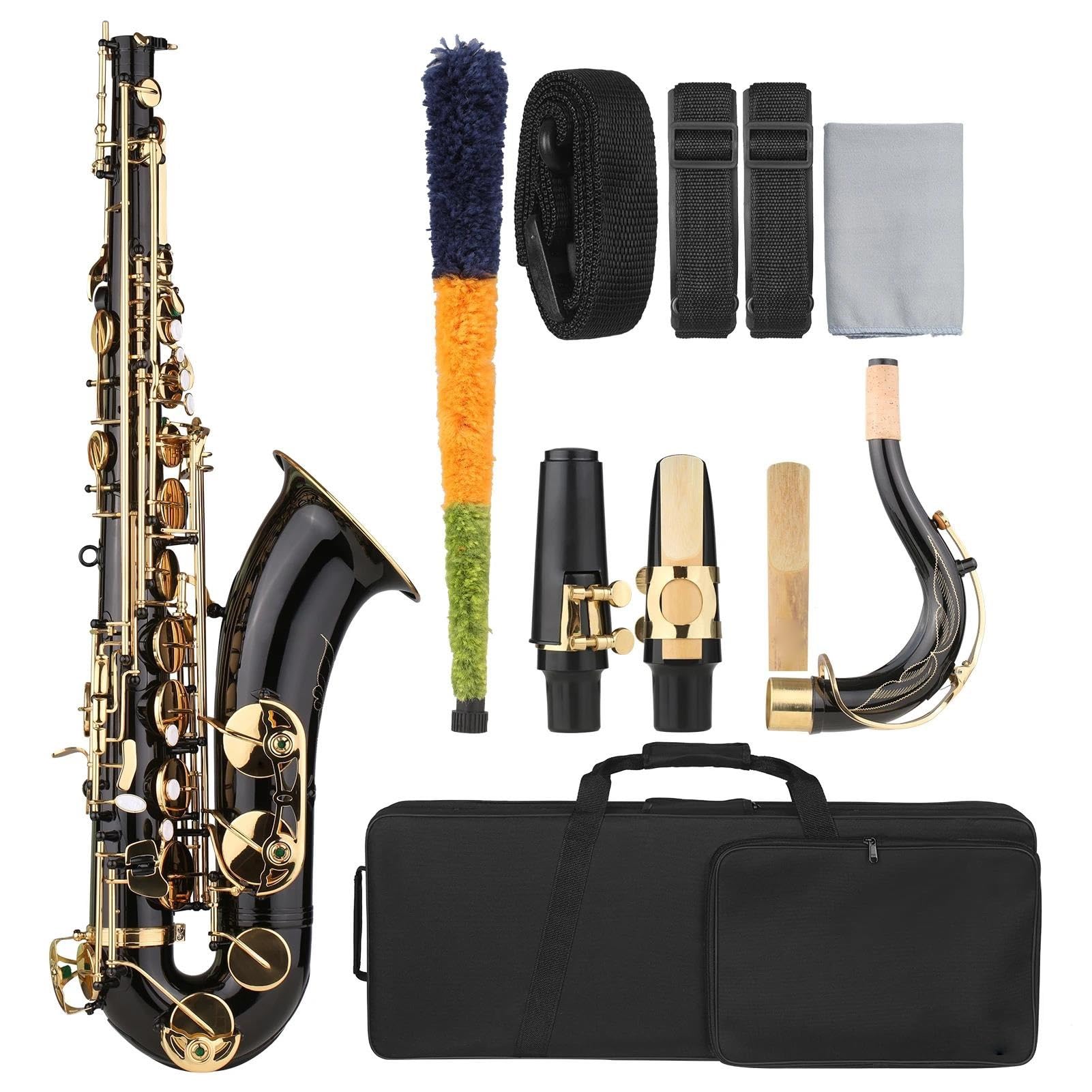 Saksofon Saksofon Tenorowy B-flat Bb Saksofon Z Czarnym Lakierem Z Futerałem Na Instrumenty Ustnik Trzcinowy Pasek Na Szyję Akcesoria Materiałowe