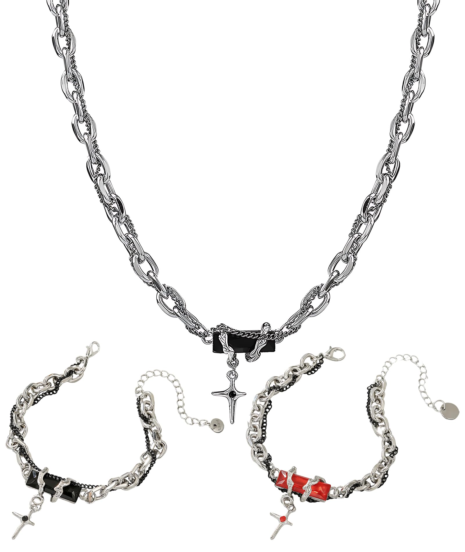 embroidery 3PCS Gothic Bracelet, Bracelet for Man, Punk Style Chain Bracelet for Daily Wear and Music Events, 3Piece Set with Red and Black Designs-picture-21