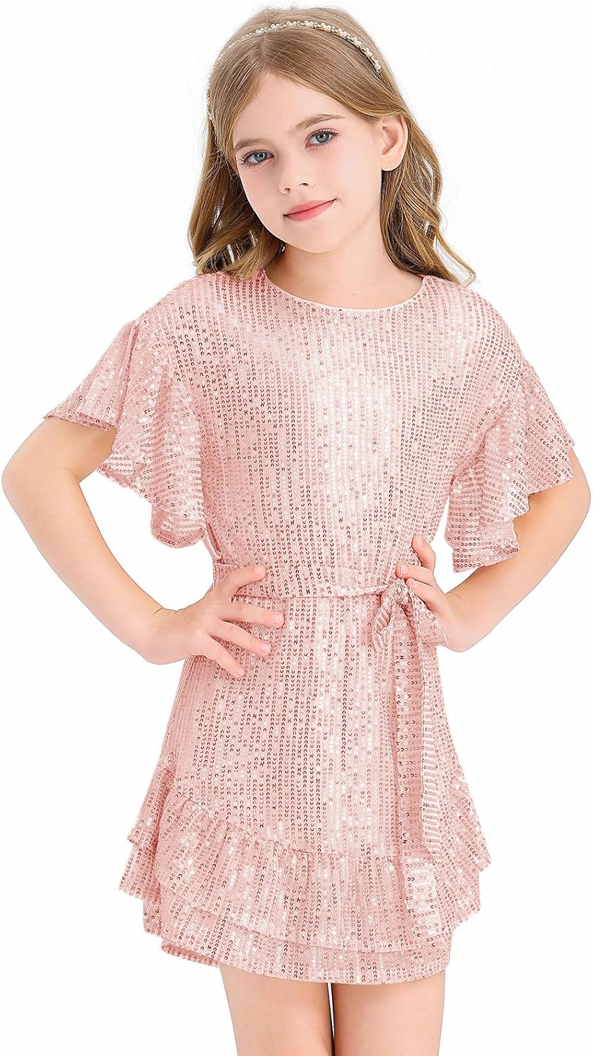 Batermoon Girls' Sequin Dress Crew Neck Bat Sleeve Ruffle Party Wedding Flower Dress with Belt for 5-14 Years - Image 4