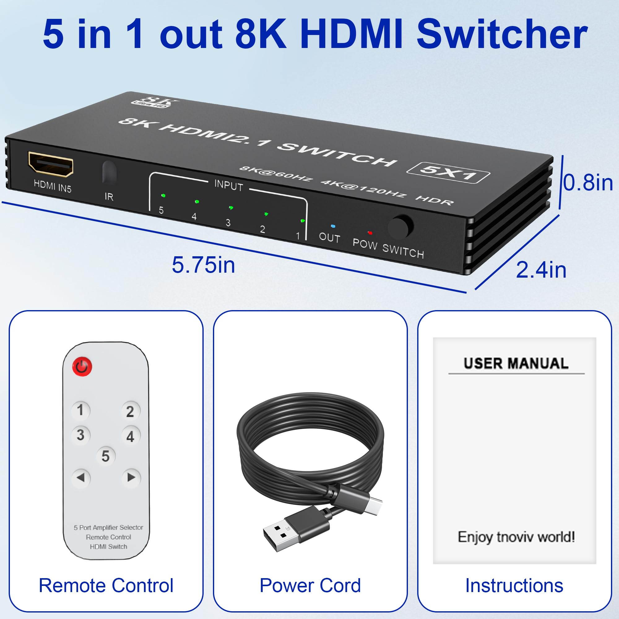 Switch HDMI 2.1 8K 60Hz 4K 120Hz, 8K Switch HDMI 5 Ingressi 1 Uscita con Telecomando IR, Selettore Hub a Selezione Automatica 5 Porte Supporto 8K 60Hz 48Gbps VRR HDCP2.3 HDR10 per Xbox Series X PS5