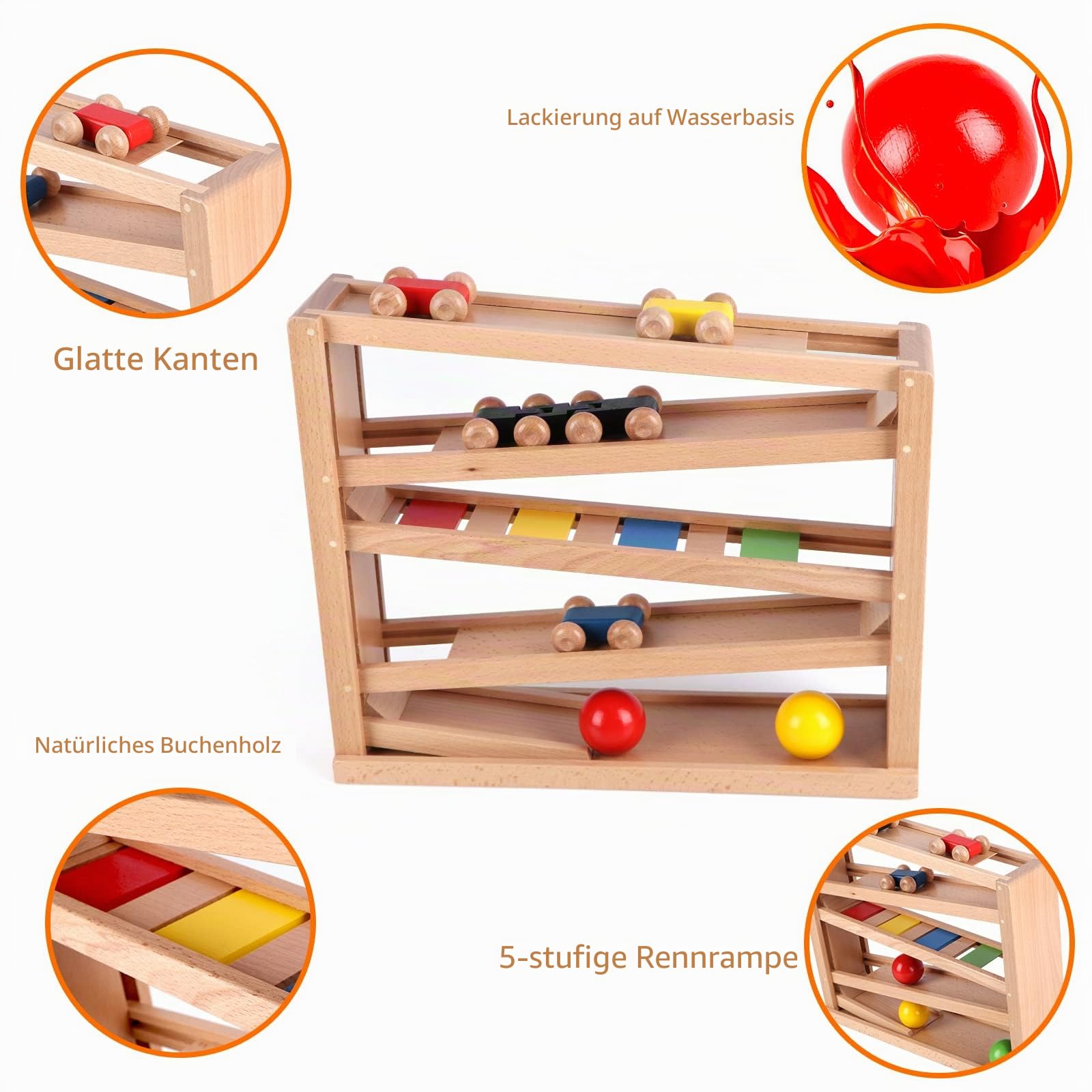 Jacootoys Holz-Rennbahn, Autorennbahn-Spielzeug, 5Ebenen mit 4Autos 3Bällen