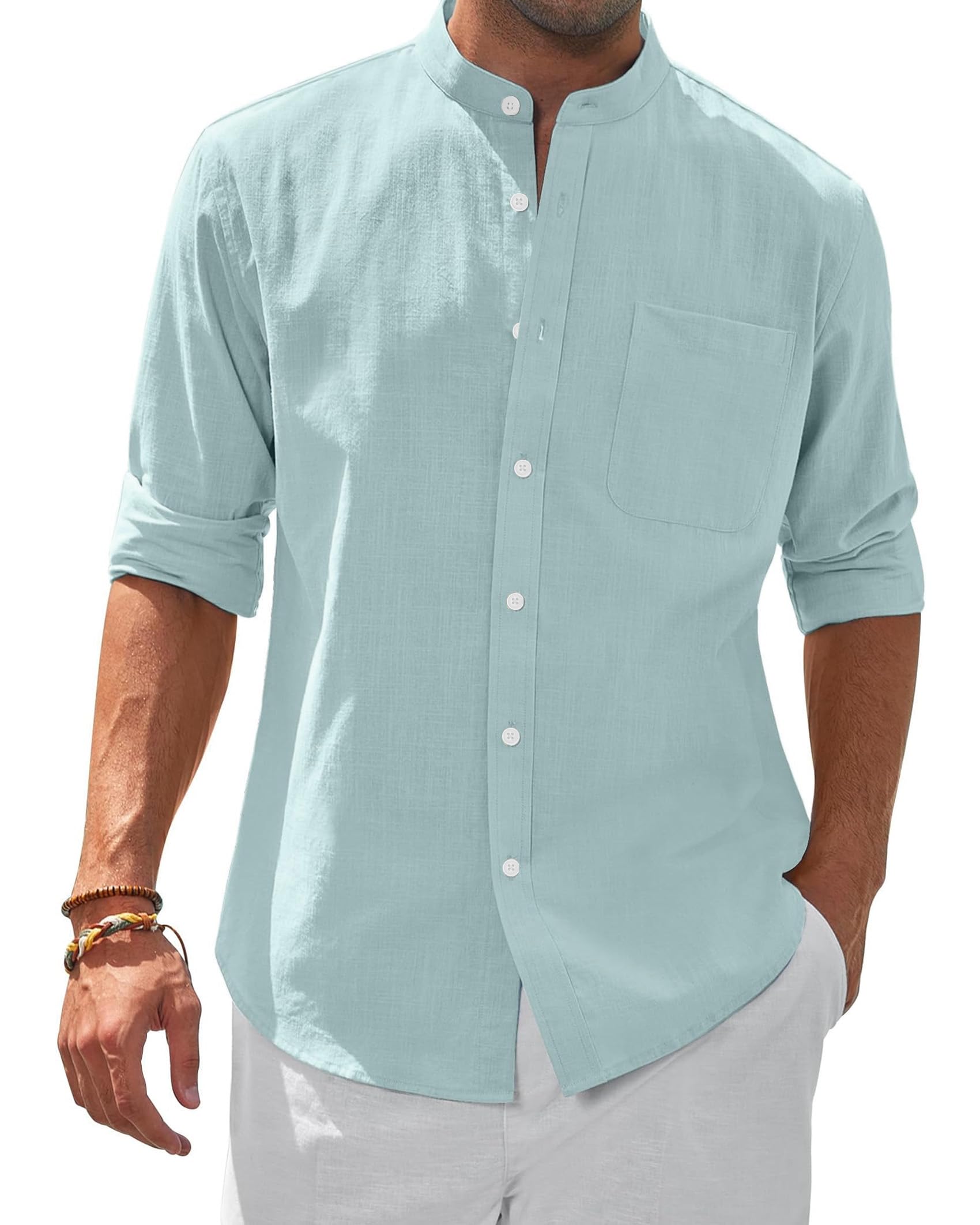 siliteelon Herren Hemd Leinenhemd Langarm Stehkragen Leinenshirt Hemden Herren Freizeithemd Casual Regular Fit Sommer Standhemd