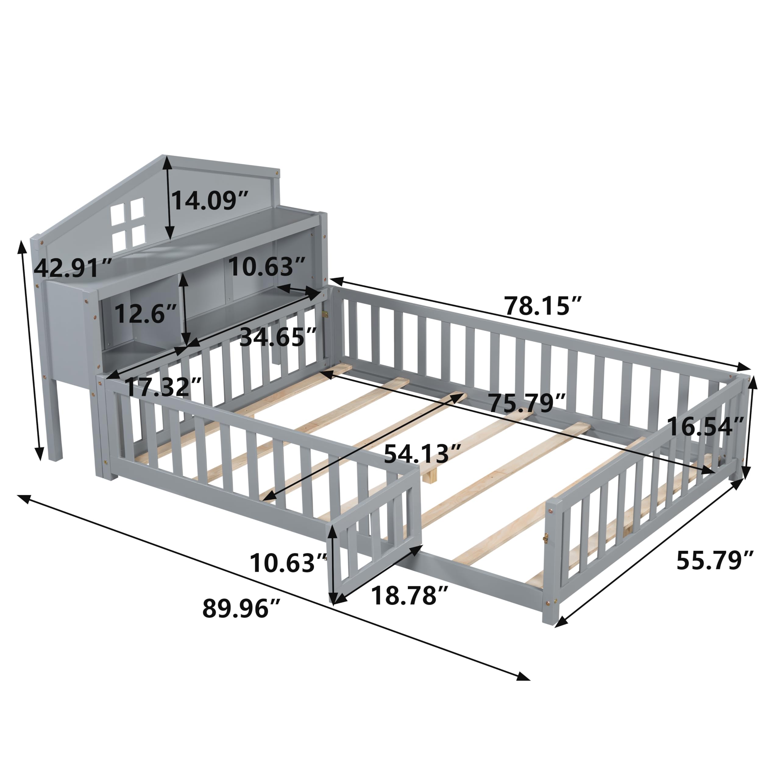 KT Rolster Full Size Kids Montessori Bed, Montessori Floor Bed with Bookcases and Blackboards, Toddler Floor Bed with Guardrails, Wood Platform Beds with Storage Headboards for Kids Girls Boys, Grey
