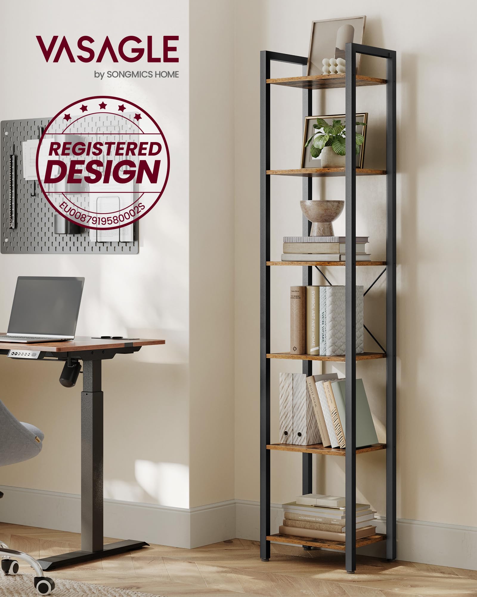 VASAGLE Regal, Bücherregal, Standregal, DVD-Regal, mit 6 Ebenen, Büroregal, offene Ablagen, für Büro, Wohnzimmer, Schlafzimmer, Küche, 30 x 40 x 186 cm, vintagebraun-tintenschwarz LLS101B01