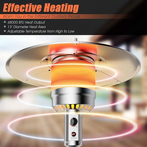 Miniatura 6 de COSTWAY Calentador de patio, calentador de propano de 48000 BTU con estante de bebidas, sistema de encendido simple, depósito de base y ruedas,