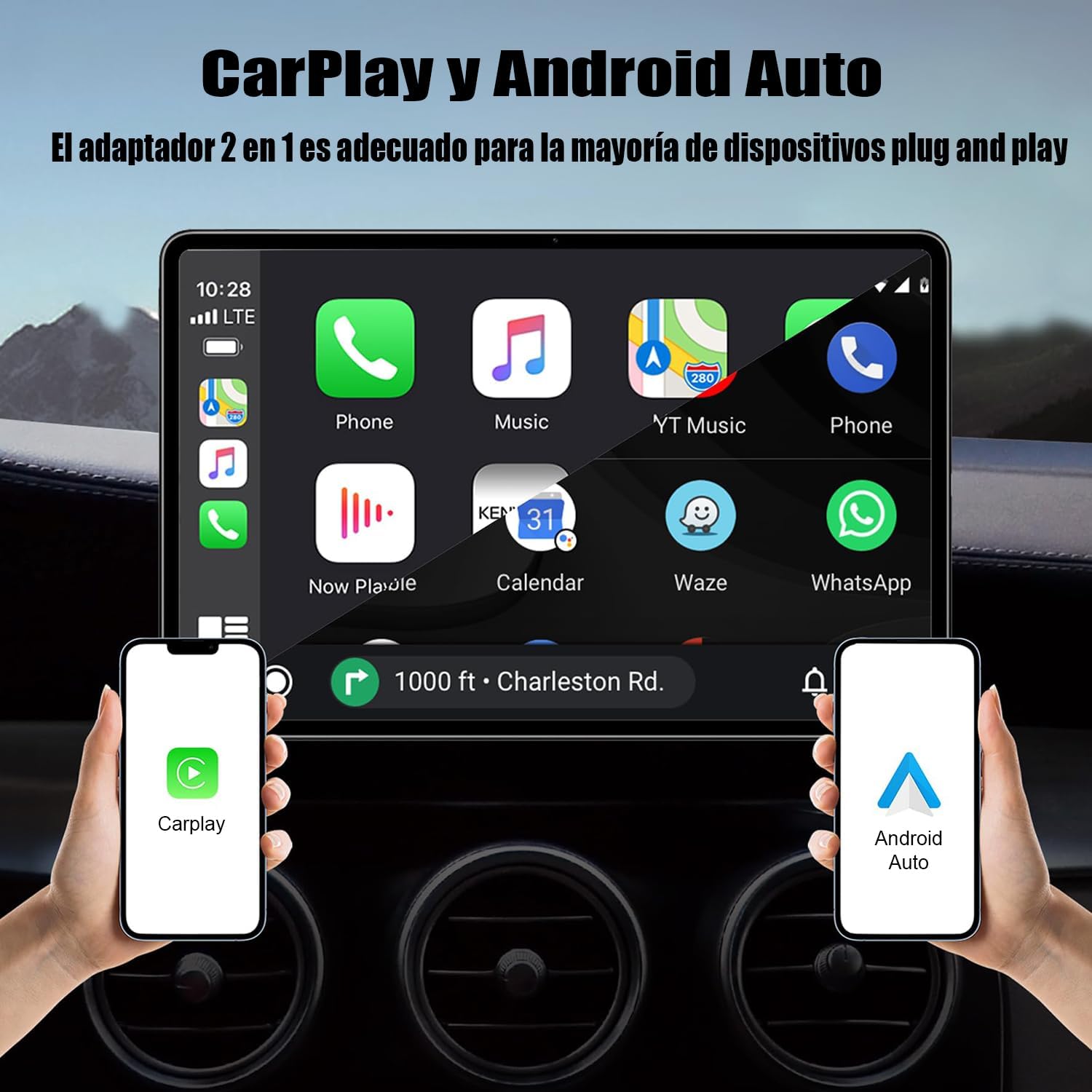 2026 Carplay Inalambrico iOS y Android Auto Inalambrico, Adaptador inalámbrico 2 en 1convierte con Cable a inalámbrico, Plug & Play con actualización en línea, para iOS 10+ & Android 12+