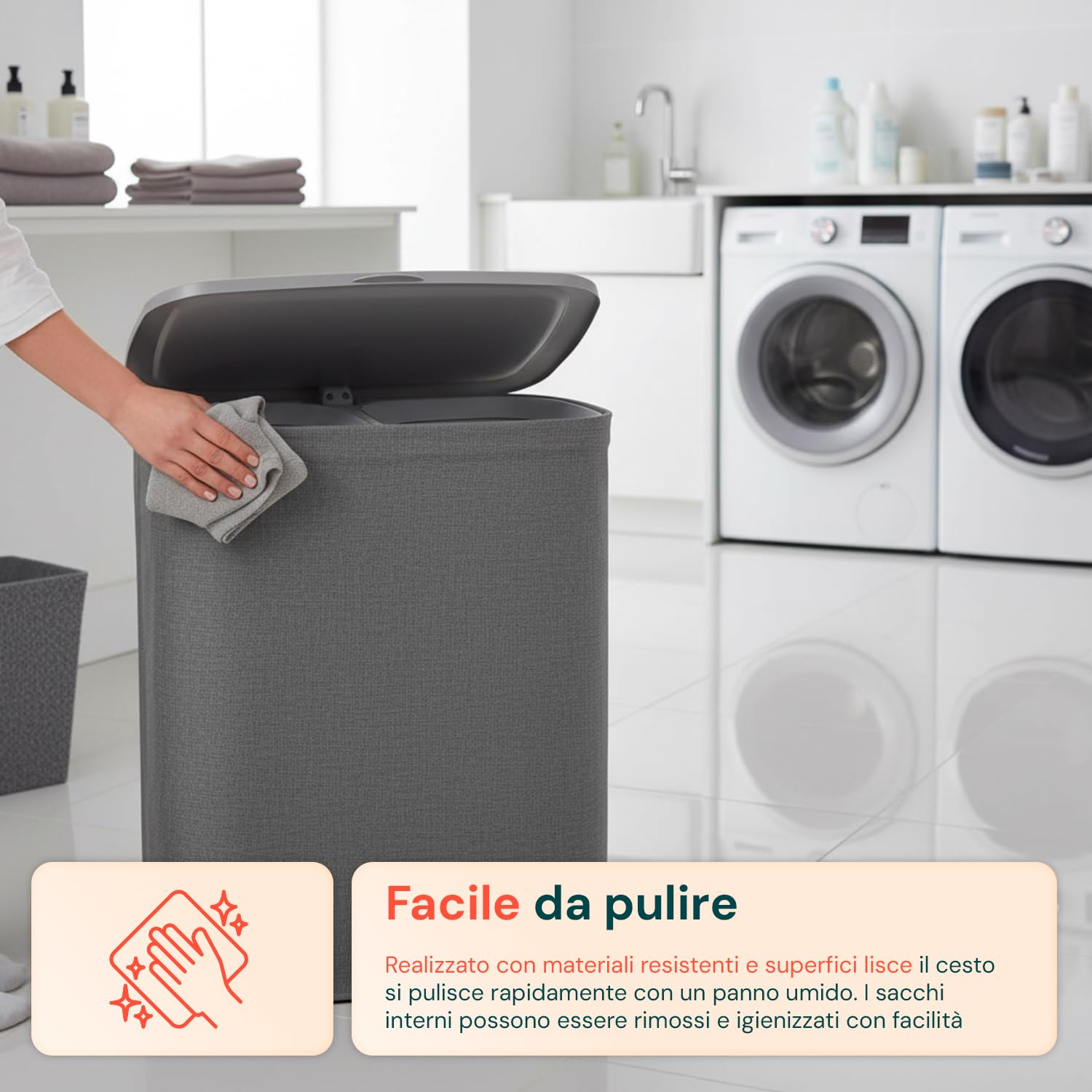 Avilia Cesta para la colada de 90 l con tapa, 2 compartimentos extraíbles y bolsas con asas, separa claros y oscuros, organizador para la colada de baño, lavandería o habitación