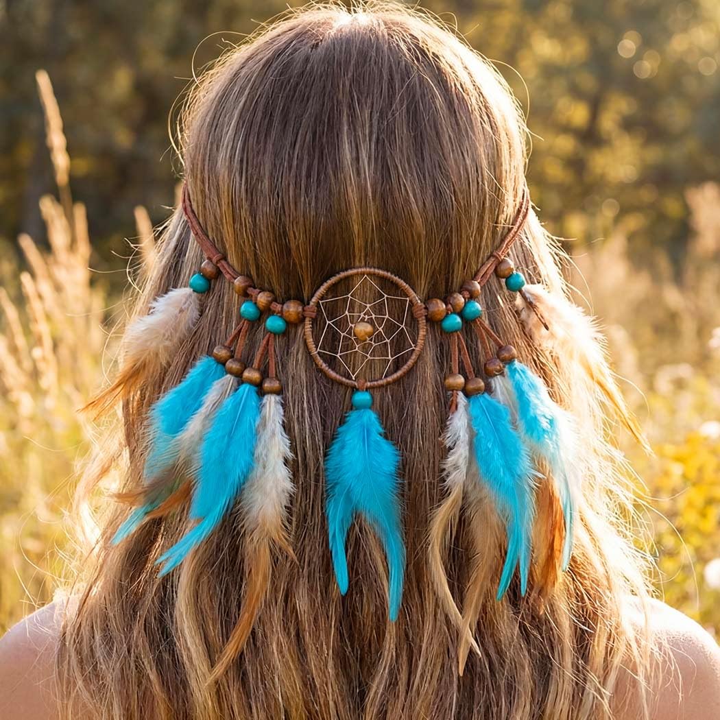 Zoestar Fascia per capelli indiana con piume bohémien, stile vintage, hippie, accessorio tribale per capelli per donne e ragazze (B