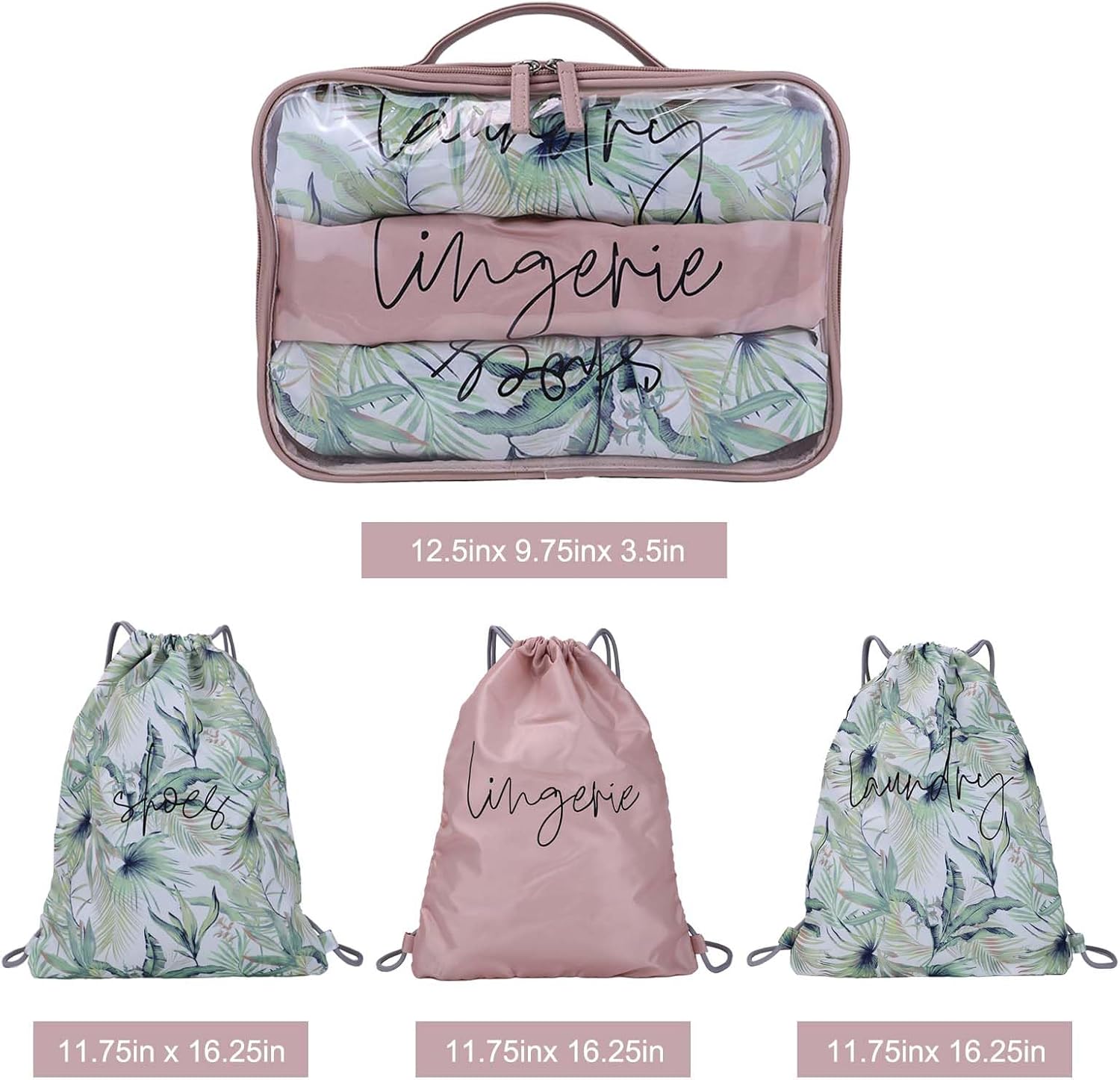 3-in-1トラベル収納セット:クリアPVCランジェリーオーガナイザー、巾着ランドリー/シューズポーチ3つ付き、衣類、洗面用具、休暇