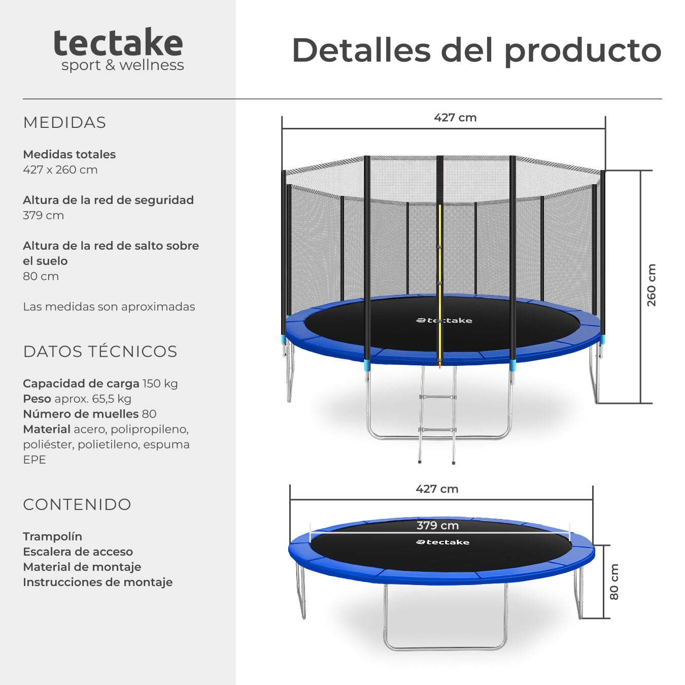 tectake® Trampolín, Cama Elástica Exterior para Niños y Adultos, Estructura de Acero, Red Protectora, Escalera, Certificado TÜV GS, Juegos Exterior Niños, Trampolin Fitness Adultos