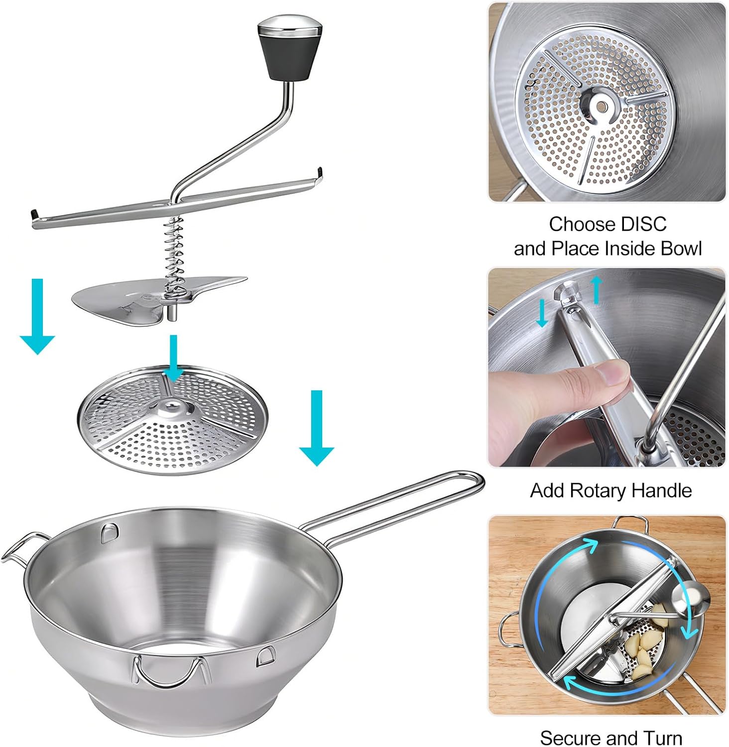 Stainless Steel Food Mill with 3 Grinding Discs - Rotary Hand Crank for Tomato Sauce, Mashed Potatoes, Applesauce, Jams, Puree, Canning | Dishwasher Safe & Ergonomic Design
