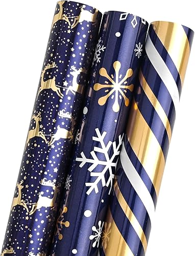 Mini rollo pequeño de papel de regalo de Navidad con líneas de corte en el reverso (17 x 120 pulgadas por rollo), azul marino con diseño de lámina