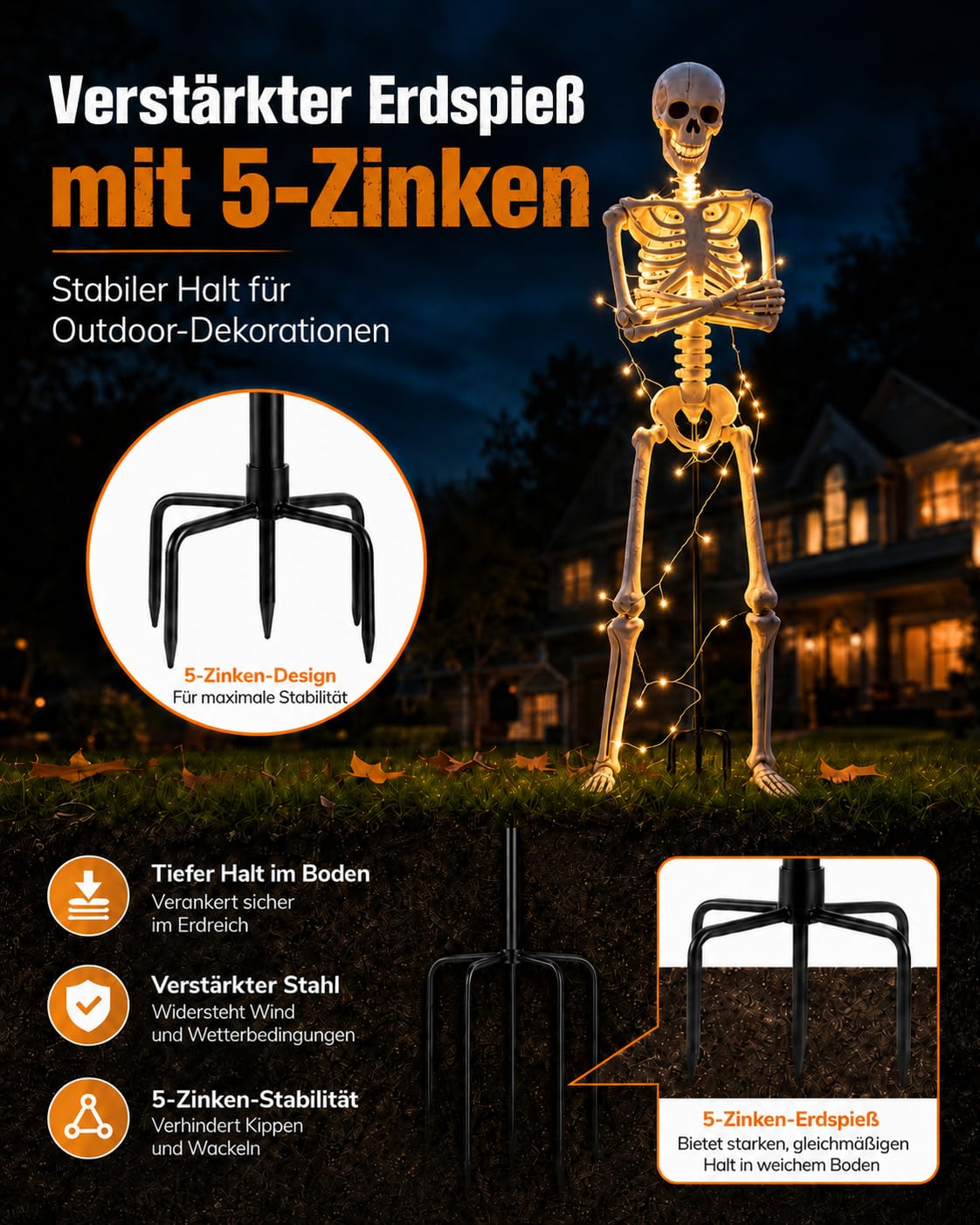 Halloween-Skelettständer-Set mit Solar-Lichterkette（Skelett nicht enthalten）Wasserfeste Halloween-Deko für 150-170 cm Skelette, Zubehör für Garten, Rasen, Veranda, Terrasse & Friedhof-1P