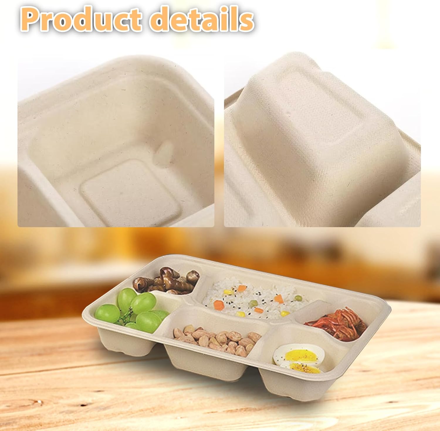 50 Pack Heavy-Duty Compostable Trays 6 Compartment Plates Disposable 6-Section Bagasse Plates for School, Party & Catering (11"x8" Eco-Friendly, Microwave/Freezer Safe)