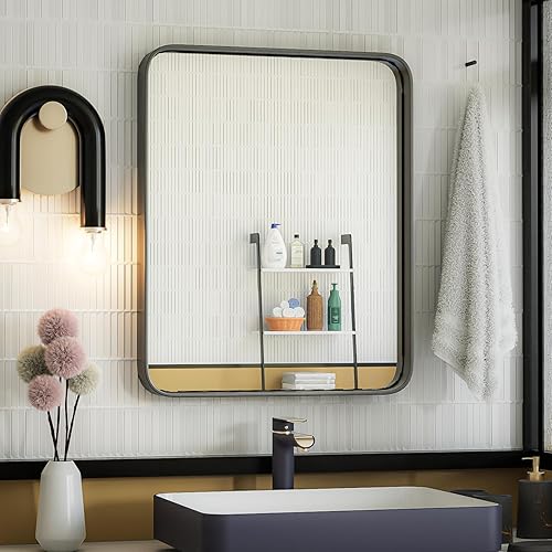 ISKM Espejo con marco negro para pared de 20 x 16 pulgadas, espejo de tocador de baño antioxidante, vidrio templado, espejo rectangular redondeado