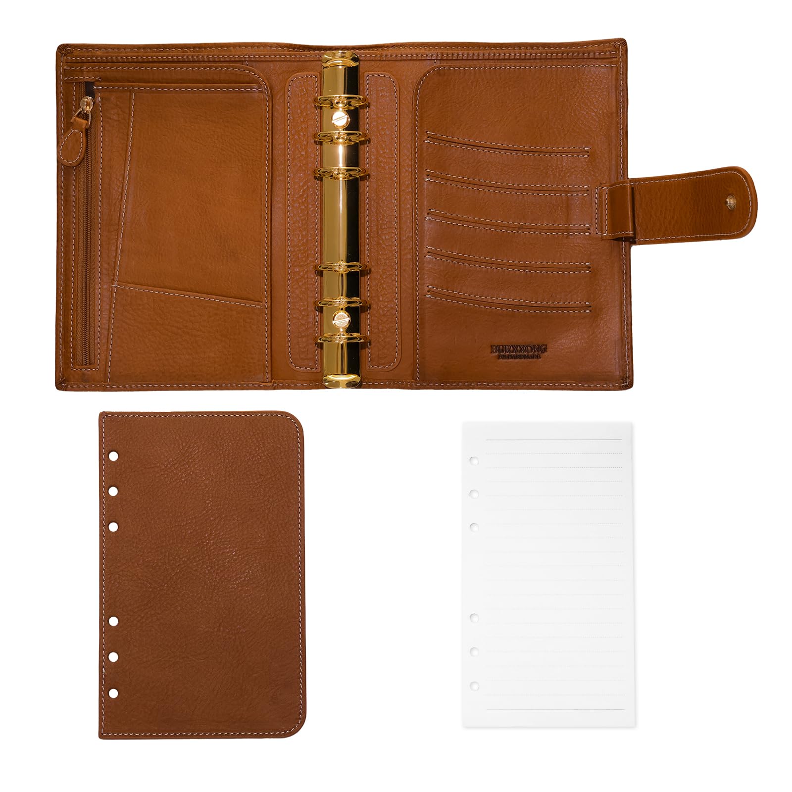 Minerva - Organizador personal tamaño A6 XL de piel auténtica, cuaderno de diario de anillas de estalogía, cuaderno de bolsillo con carpeta de 25 mm (marrón coñac)
