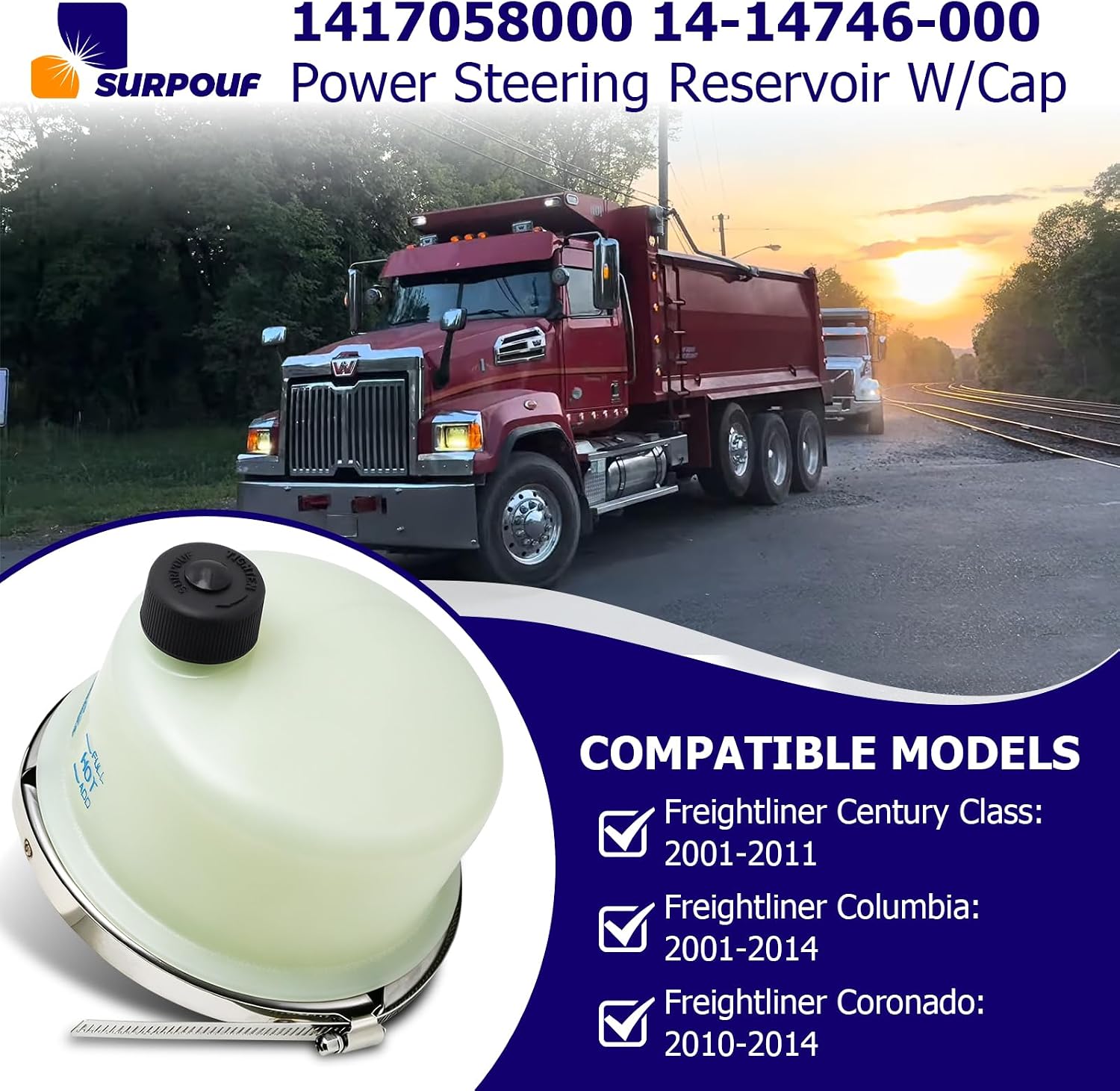 1417058000 14-14746-000 Power Steering Reservoir W/Cap Compatible with Freightliner Century Class 2001-2011 Columbia 2001-2014 Coronado 2010-2014