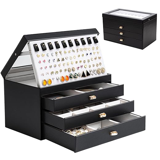 ProCase Jewelry Box for Women Girls, 4-Layer Large Jewelry Organizer Box with Glass Lid, Christmas Gift Jewelry Holder Organizer Jewelry Storage Case for Earrings Bracelet Necklace Rings -Black
