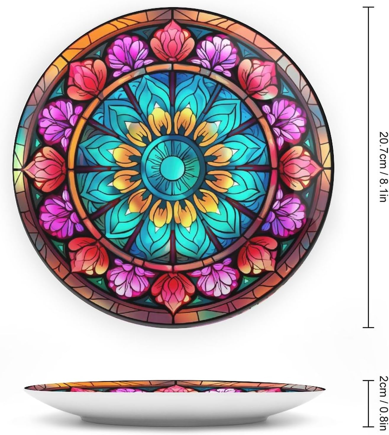 Decorative Plates for Home Decor, Abstract Mandala Floral Stained Glass Print Decor Tray for Table Display, Ceramic Dinner Plate W/ Stand, Living Dining Room Decor, Gifts for Family Friends, 8 Inch