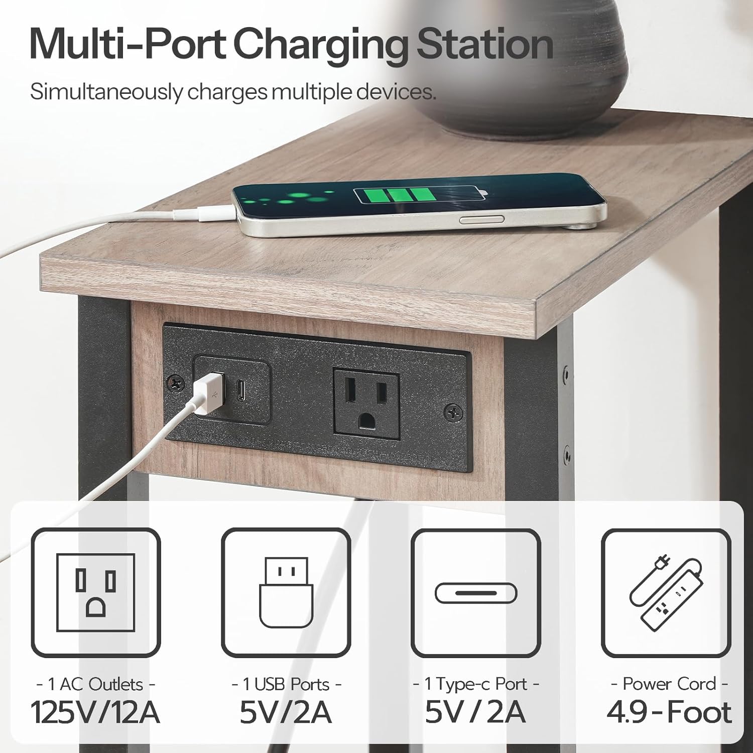 Close-up of the multi-port charging station on the HOOBRO Narrow Side Table