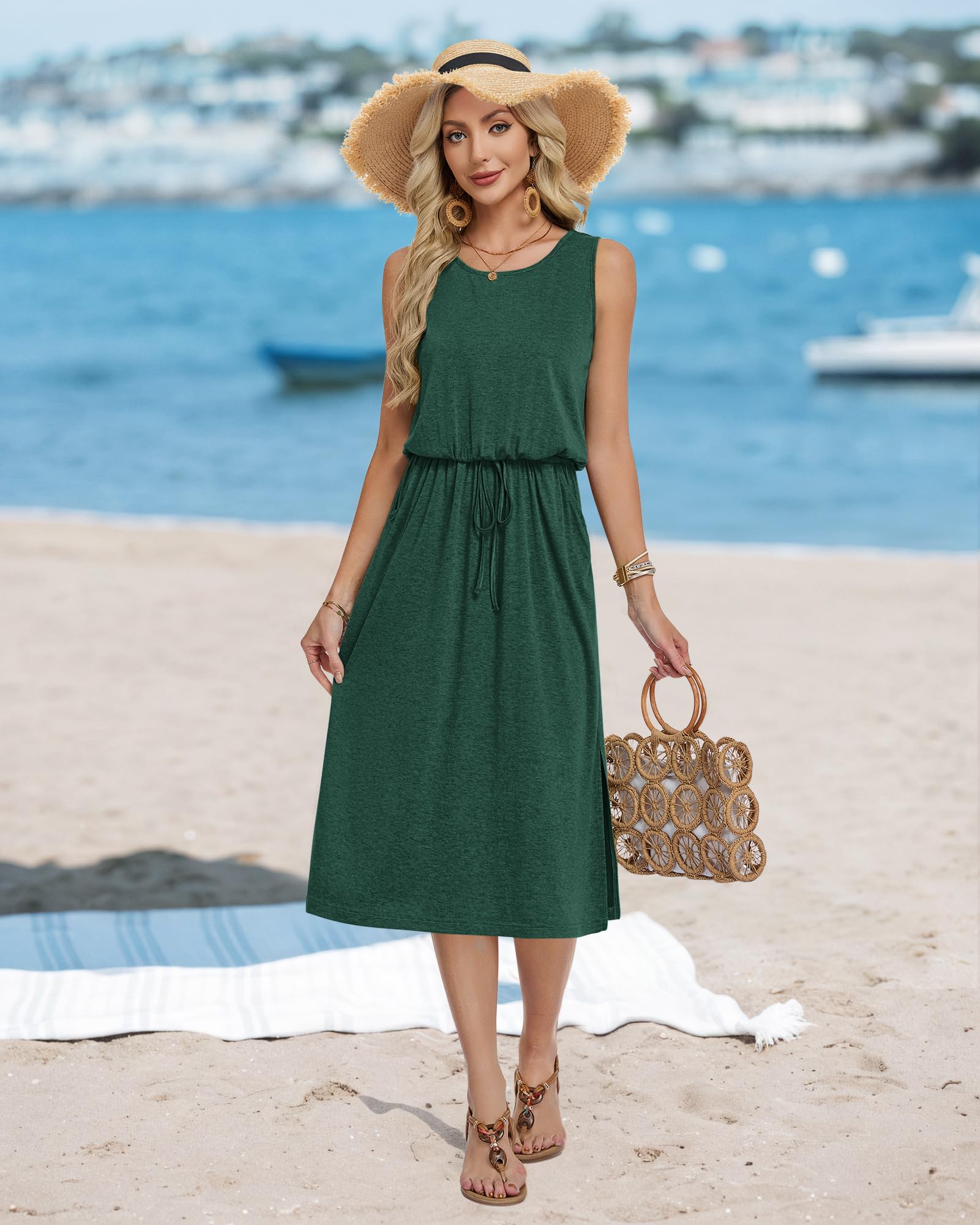AUSELILY Robe d'été Mi Longue Femme sans Manches Robe Fluide Casual Légère avec Fente Devant et Poches Chic Élégant pour Été