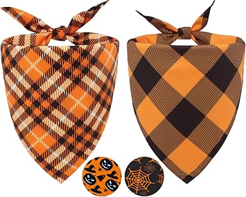 Fall Dog Bandanas 2PCS Halloween Pumpkin Spider Web XLarge Dogs | Reversible dog bandanas for fall & Halloween & Thanksgiving. Orange plaid/pumpkin/Spider Web design. Fits extra large dog
