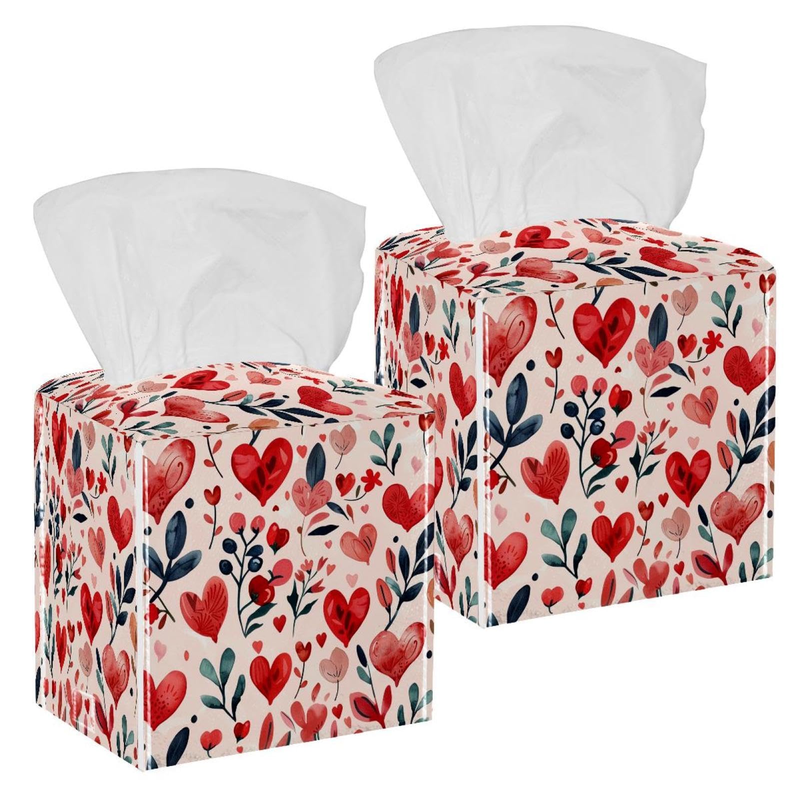 Hearts Tissue Box Cover, 2 Pack PU Leather Square Facial Tissue Dispenser Box holder for Home Office Car