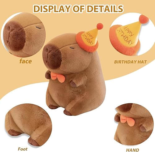 Miniatura 6 de Capybara - Peluche de 11.8 pulgadas con gorro de cumpleaños, adorable y suave, regalo perfecto para adultos y niños Cumpleaños Capibara,Amor