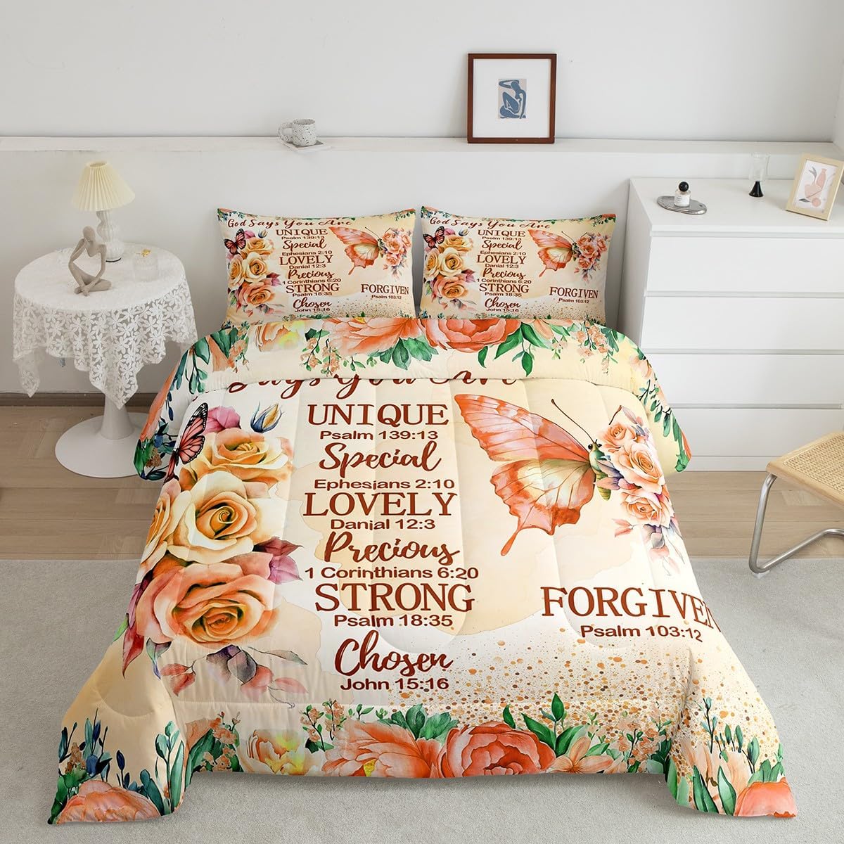 Erosebridal Boho Orange Butterfly Queen Comforter Set for Girls Inspirational Quotes Bedding Sets for Kids Teens Adults Rose Colorful Floral Quilt Bohemian Butterflies Chic Duvet Insert