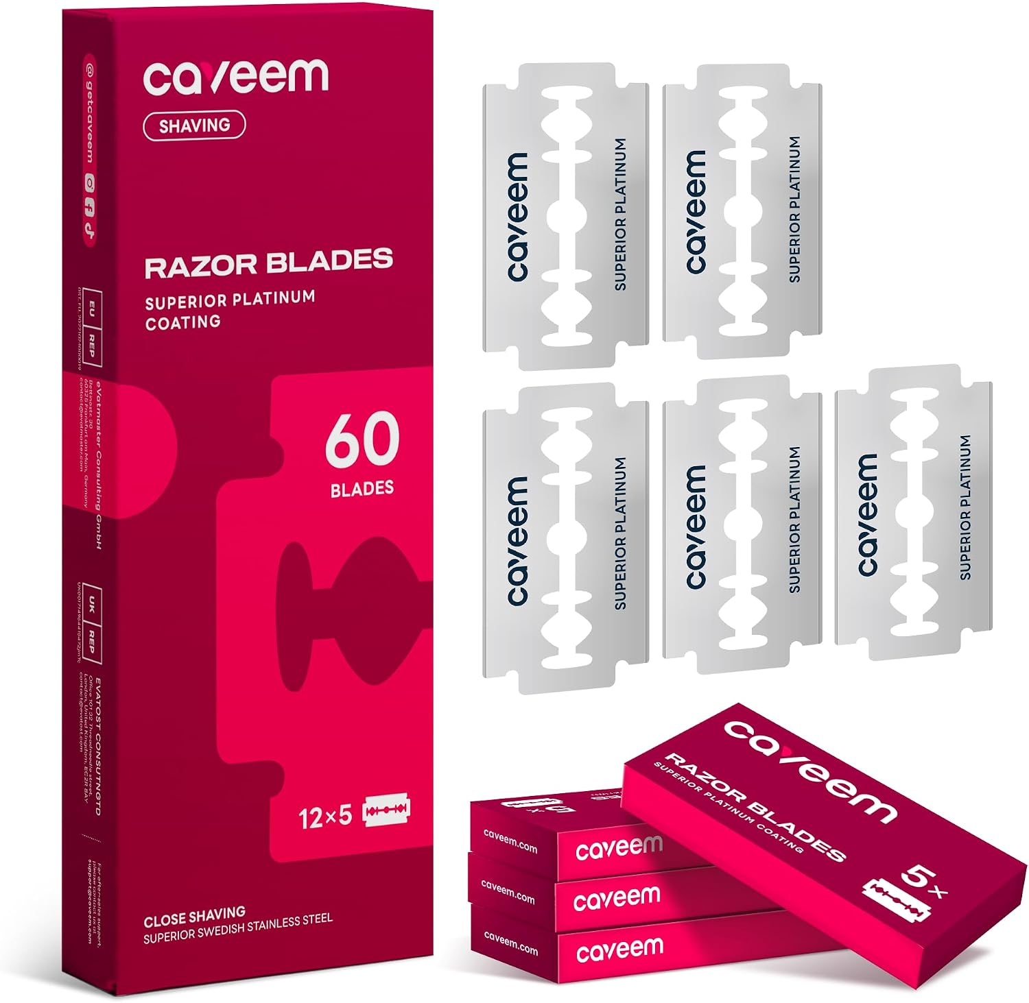 Caveem 60 Count Double-Edge Safety Razor Blades, Replacement Razor Refills for Shaving, Stainless Steel Blades for All Standards Double-Edge Razors