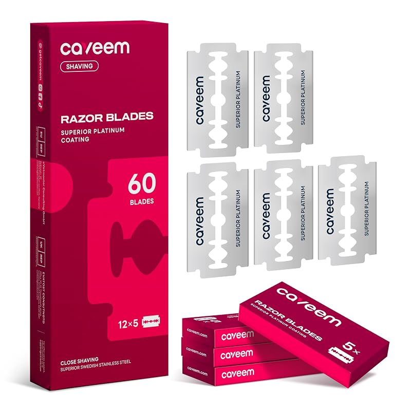 CAVEEM 60 Lâminas de Barbear de Dois Gumes em Aço Inoxidável