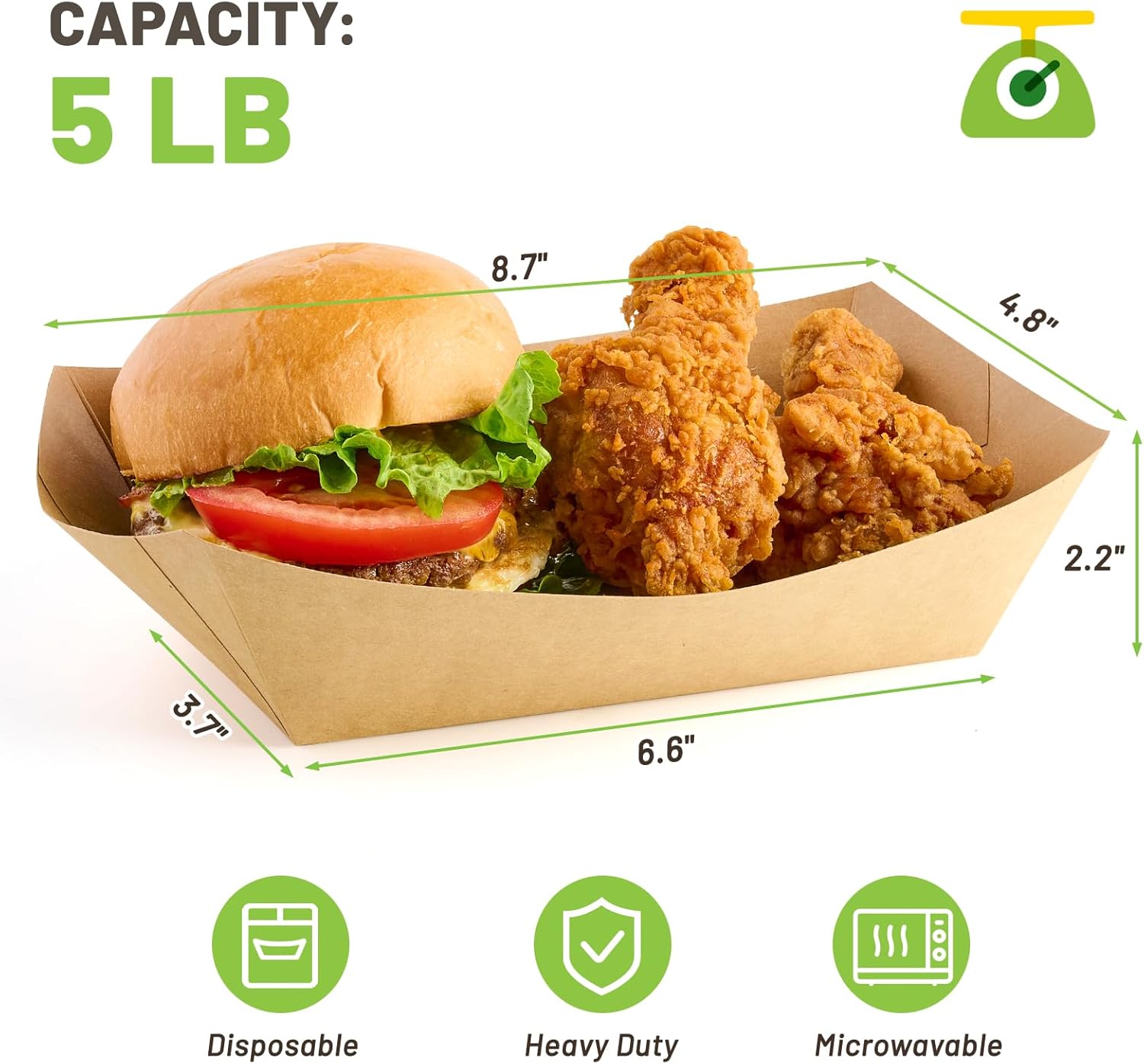 ZORRITA 5 LB Extra Large Paper Food Trays, 100 Pack Disposable Nacho Trays Kraft Paper Food Boats Party Serving Baskets for Sandwiches Burgers Popcorns Snacks