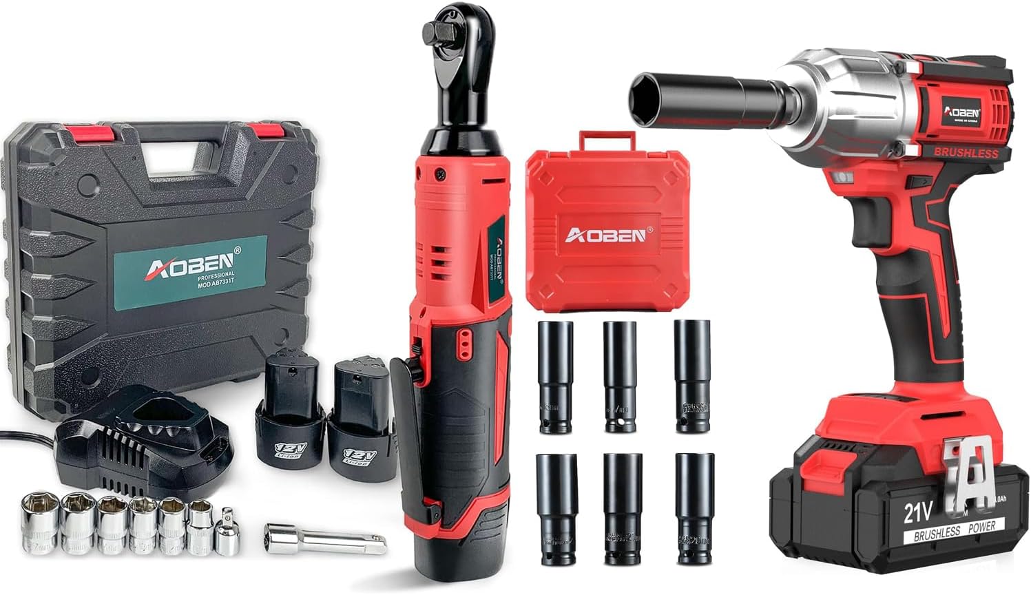 AOBEN Cordless Electric Ratchet Wrench Set & 21V Cordless High Torque Impact Wrench