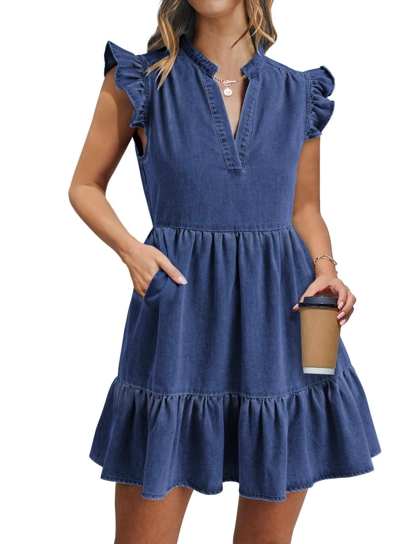 POTILI Denim Dress Ruffle Short Sleeve Mini