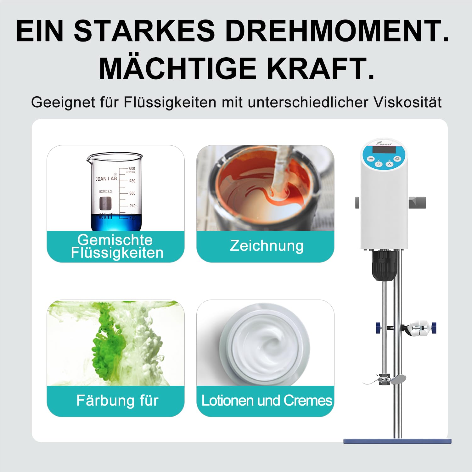 JOANLAB Elektrischer Labor-Overheadrührer Digitaler Mixer mit Edelstahlständer & Rührstab, Drehzahl 100-2000U/min einstellbar, 20L Kapazität, 30000mPas, leistungsstark für hochviskose Flüssigkeiten