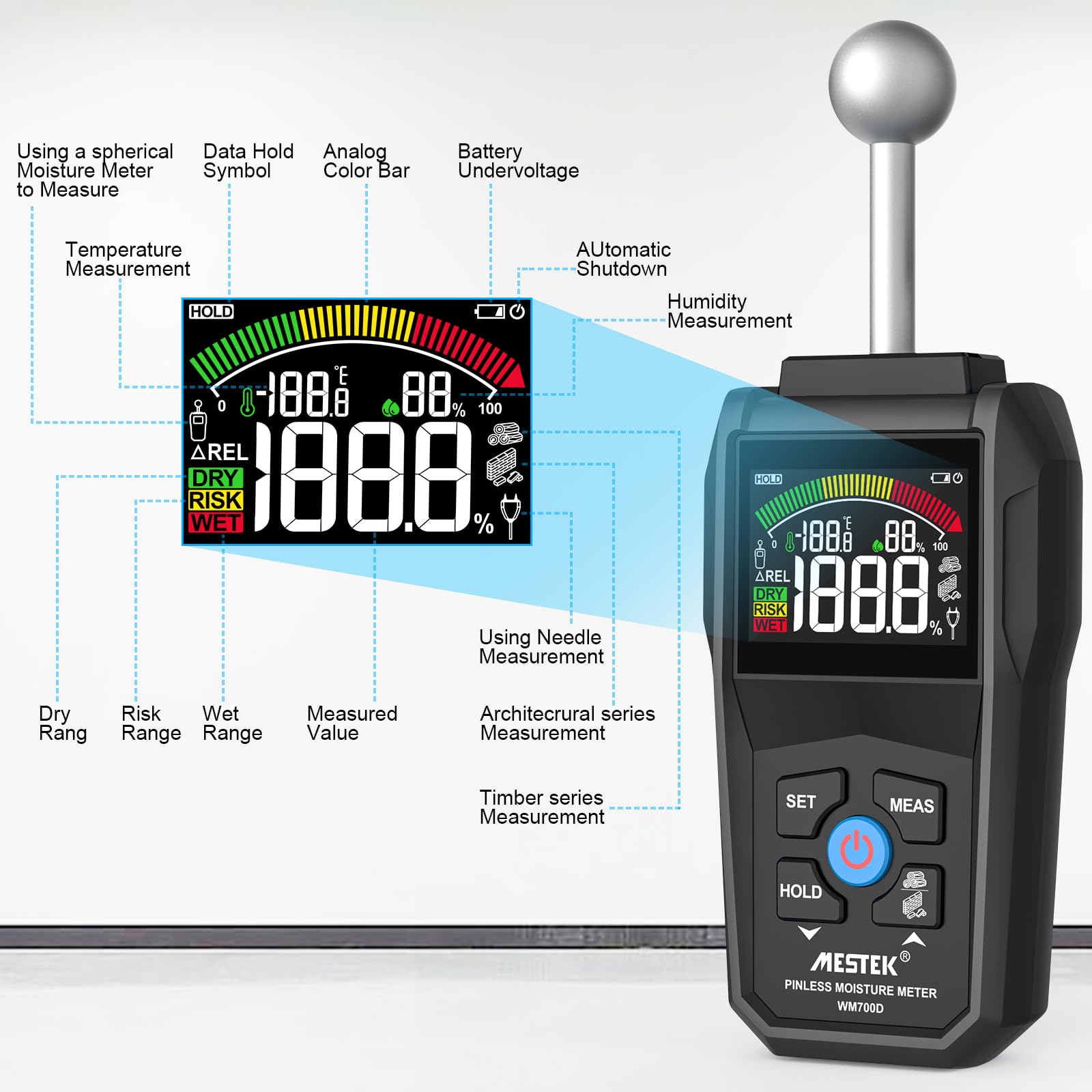 Misuratore di Umidità, MESTEK Igrometro,2 in 1 Misuratore Umidità Muri con LCD a Colori e Allarme Acustico, Profondità di Analisi 20-40 mm,per Legni, Parete, Pavimenti, Legno, Gesso