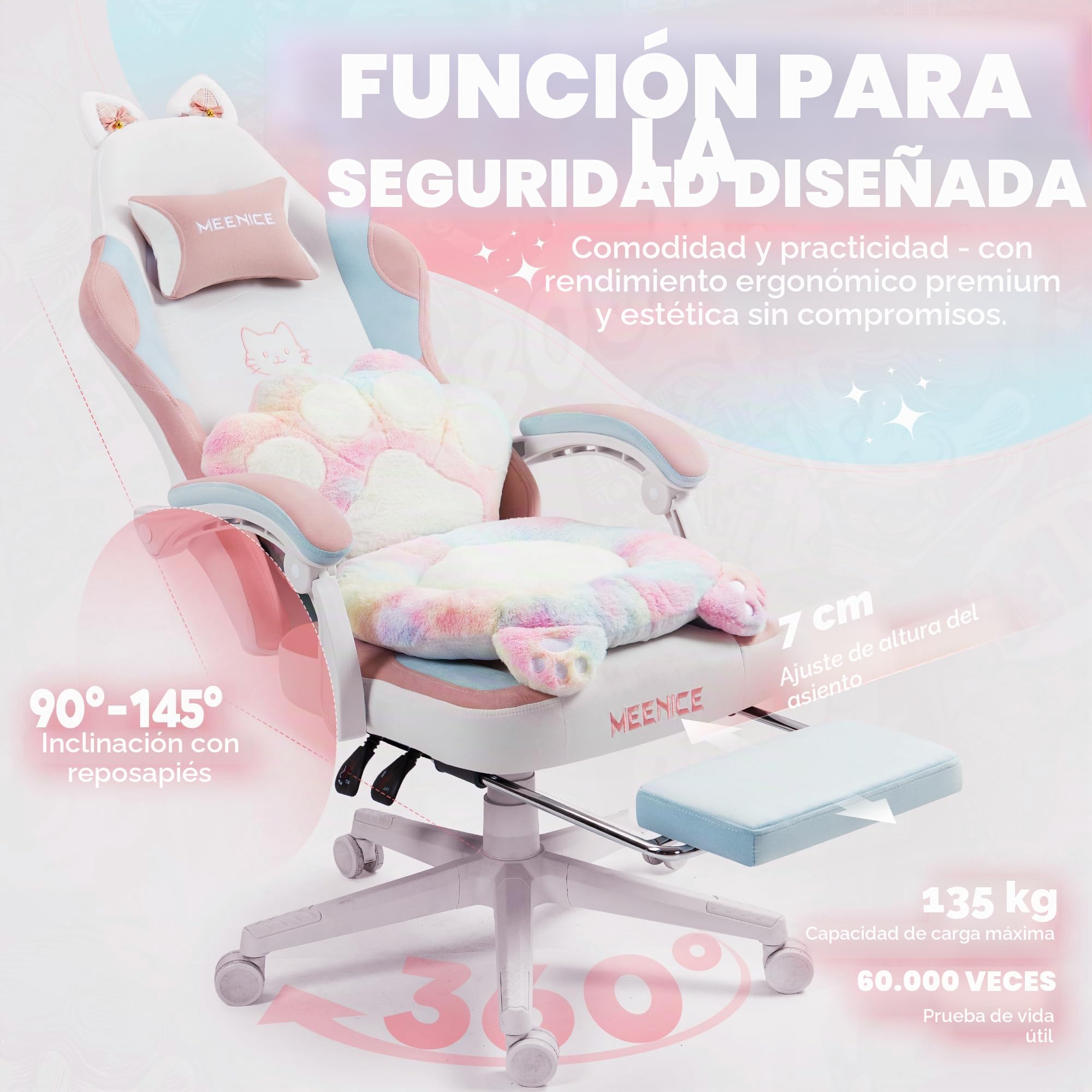 Silla Gaming de Gato con Reposapiés, Cojín Lumbar y Orejas de Gato, Silla Gaming Ergonómica de Terciopelo con Reposapiés para Mujeres, Adultos y Adolescentes, Colorida