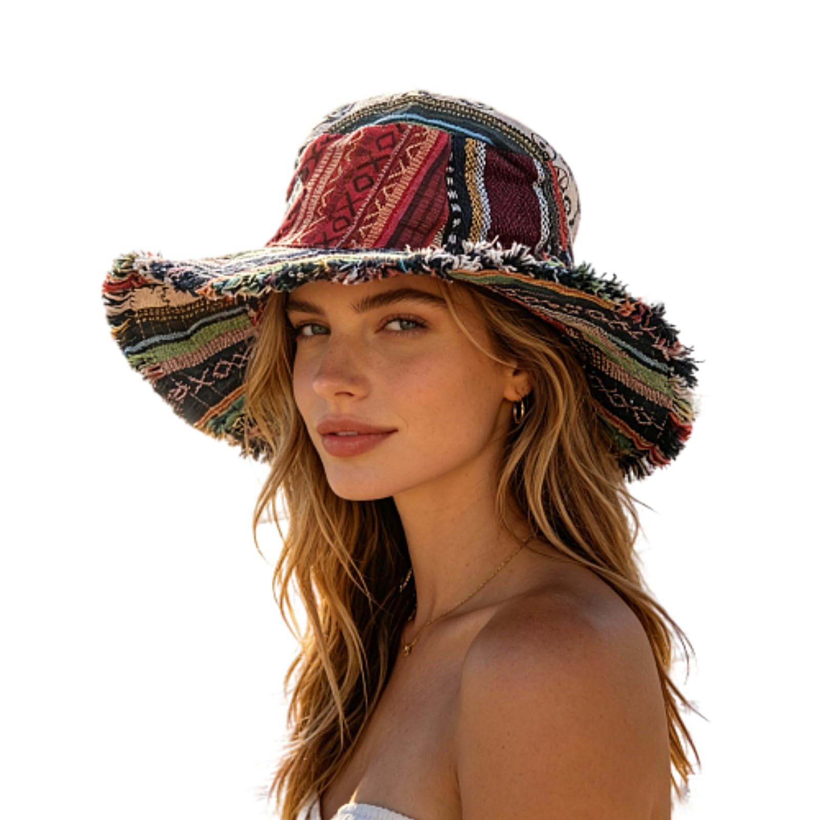 Jorcedi Women's Multicolor Frayed Patchwork Bucket Hat With Shapeable Brim Vintage Mushroom Boho Beach Hat Distressed Cotton Blend Sun Hat For (Multicolor)