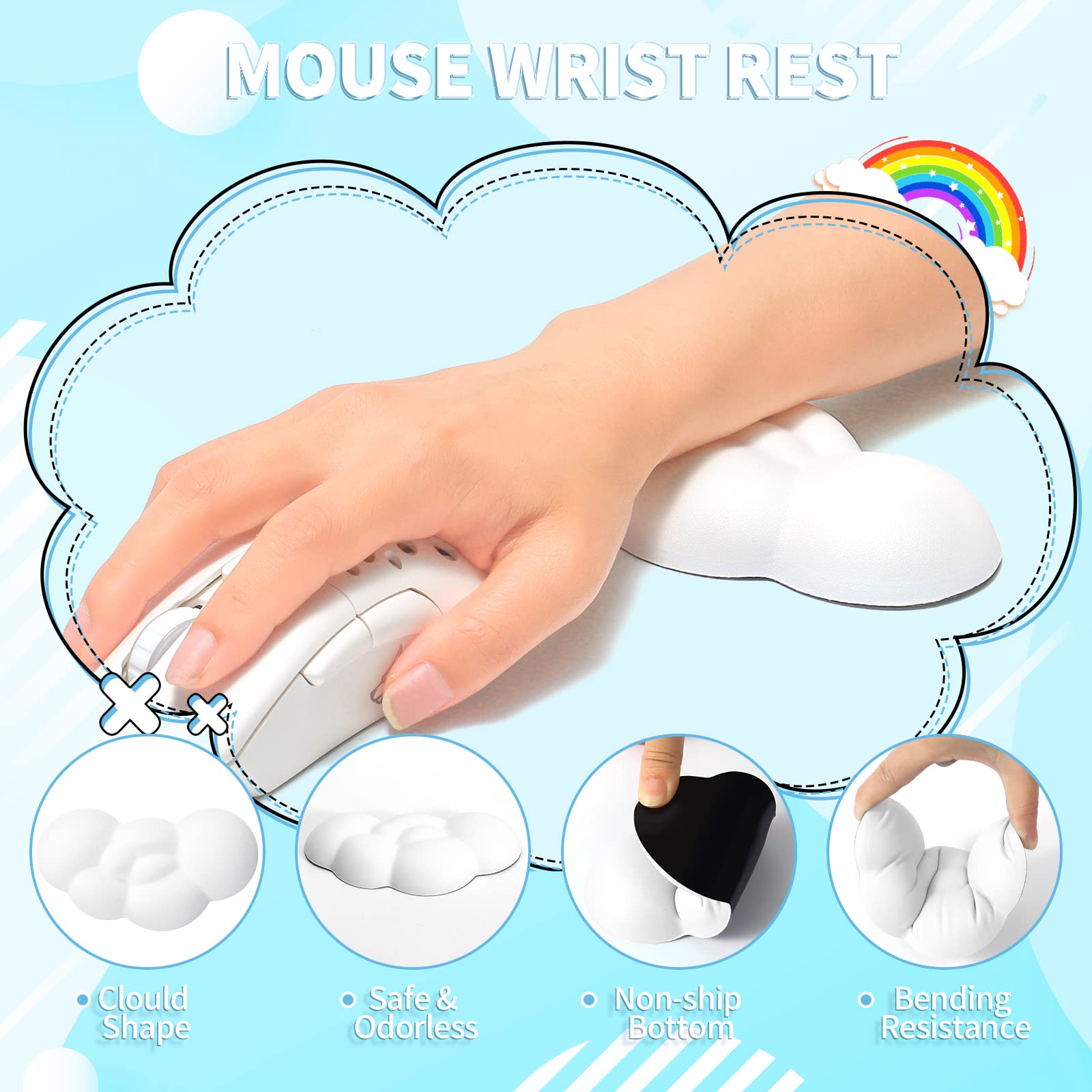 Zestaw Podpórek pod Nadgarstek do Klawiatury i Myszy - Keyboard Wrist Rest + Mouse Wrist Pad + Coaster, Pianka z Pamięcią Ergonomiczna Odkładka Pod Nadgarstek do Laptopa, Biura, Pracy, Gier - Biała