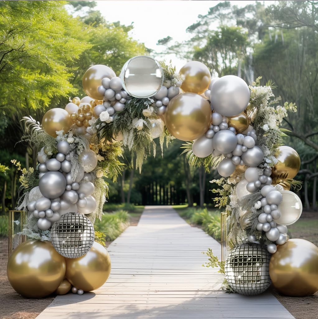 Chrome Gold Silver Balloon Garland Kit-Metallic Gold Silver Balloons and 4D Disco Silver Foil Mylar Balloons Arch for Birthday Baby Shower Graduation Bachelorette Wedding New Year Party Decoration - Image 9