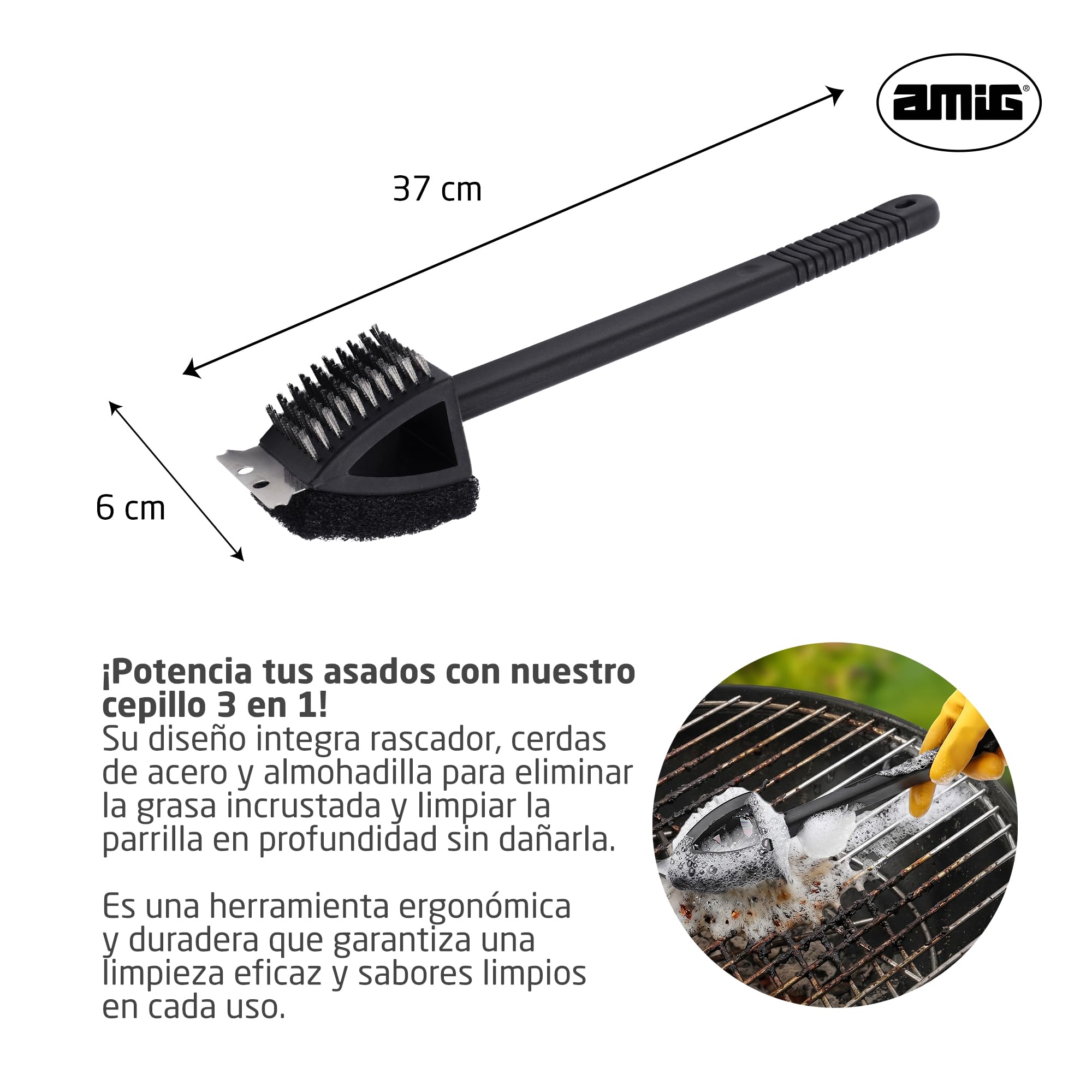 Amig Brosse de Nettoyage Barbecue 3 en 1 AM20 - Acier Inoxydable 201, 37 x 6 cm