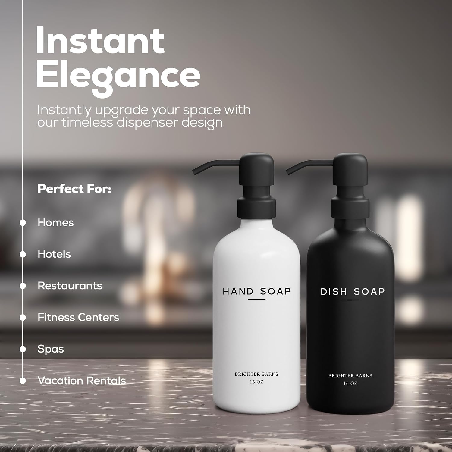 Luxury Glass Hand and Dish Soap Dispenser Set by Brighter Barns - Kitchen Soap Dispenser Set with Stainless Steel Pump for Kitchen Sink - Neutral Modern Farmhouse Home Decor for Airbnb (Black/White) image 2