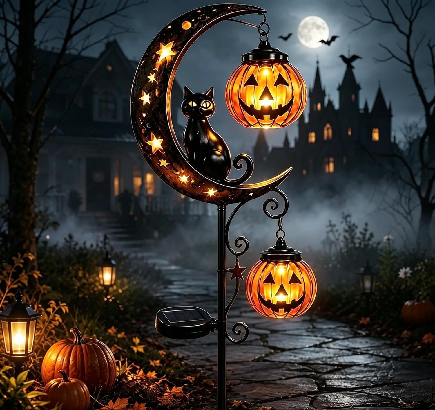 Solar Halloween Garden Stake Light – Black Cat & Pumpkin Moon，C