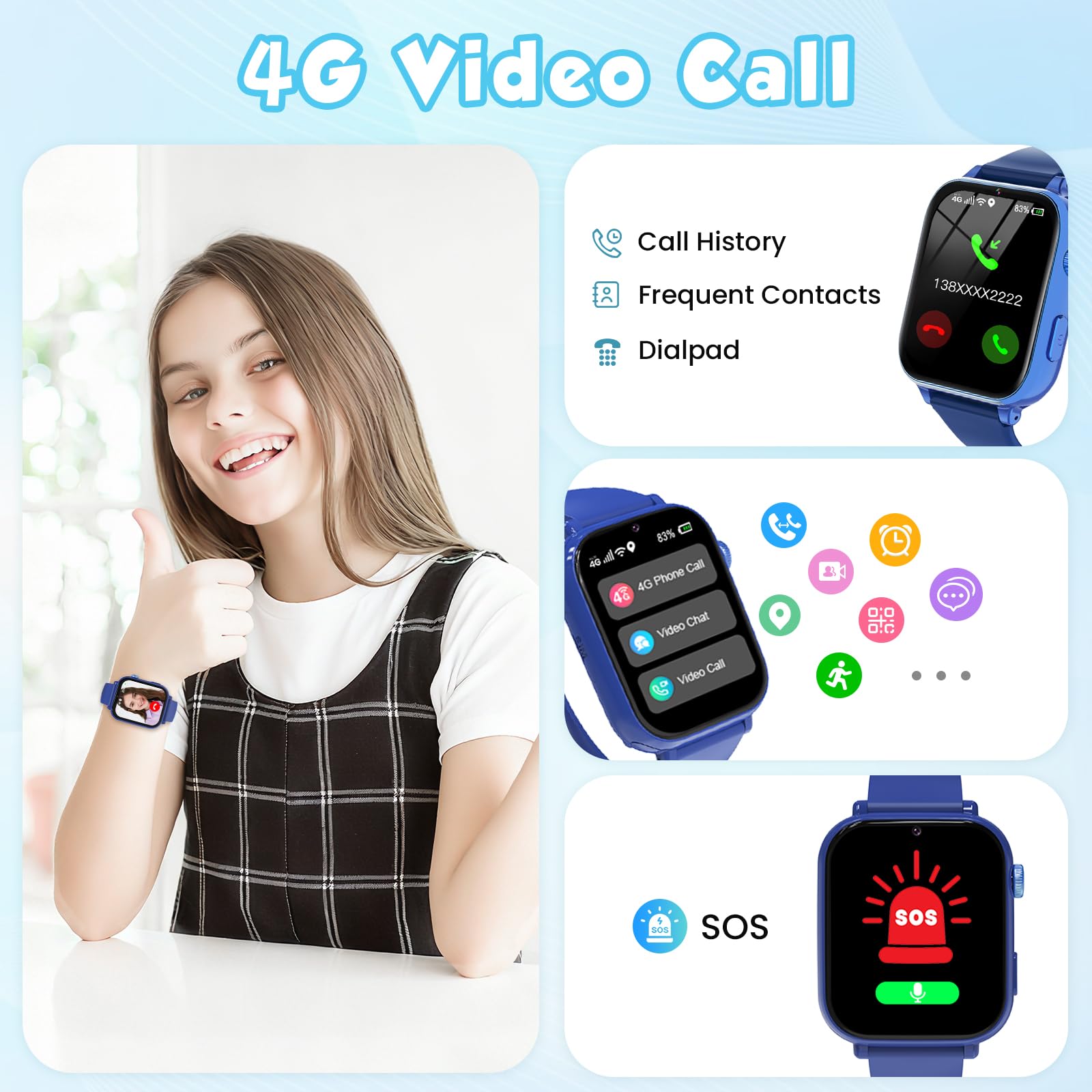 Smartwatch per Bambini GPS 4G, Orologio Bambino Bambina con Telefono, Videochiamata Chat Vocale Sveglia Contapassi Camera Modalità Classe Gioco, Smartwatch per Ragazza e Ragazzo 4-12 Anni Regalo, Blu