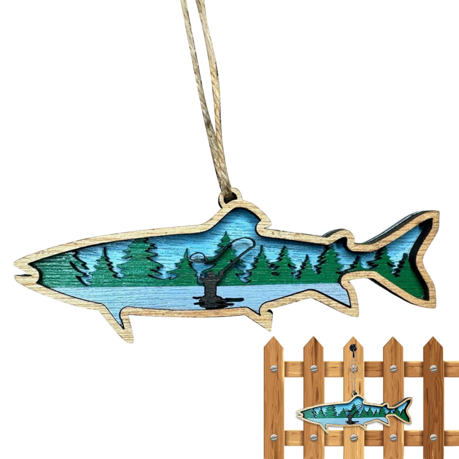 Adornos de Peces de Madera Rústicos,Decoración de Peces de Madera,Arte de pared de madera Tiburón Decoración de peces - Escultura de decoración de cabaña, adornos para el hogar costero para sala de