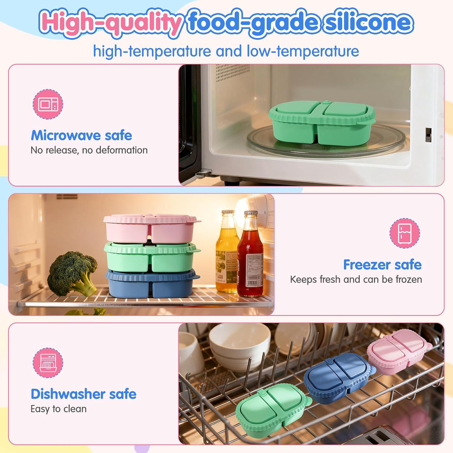 3 Pack Silicone Snack Containers - 9OZ Reusable Snack Containers with Lids and Stainless Steel Spoon, Ideal Snack Pack Containers for School, Office and Picnic (Green+Blue+Pink) - Image 5
