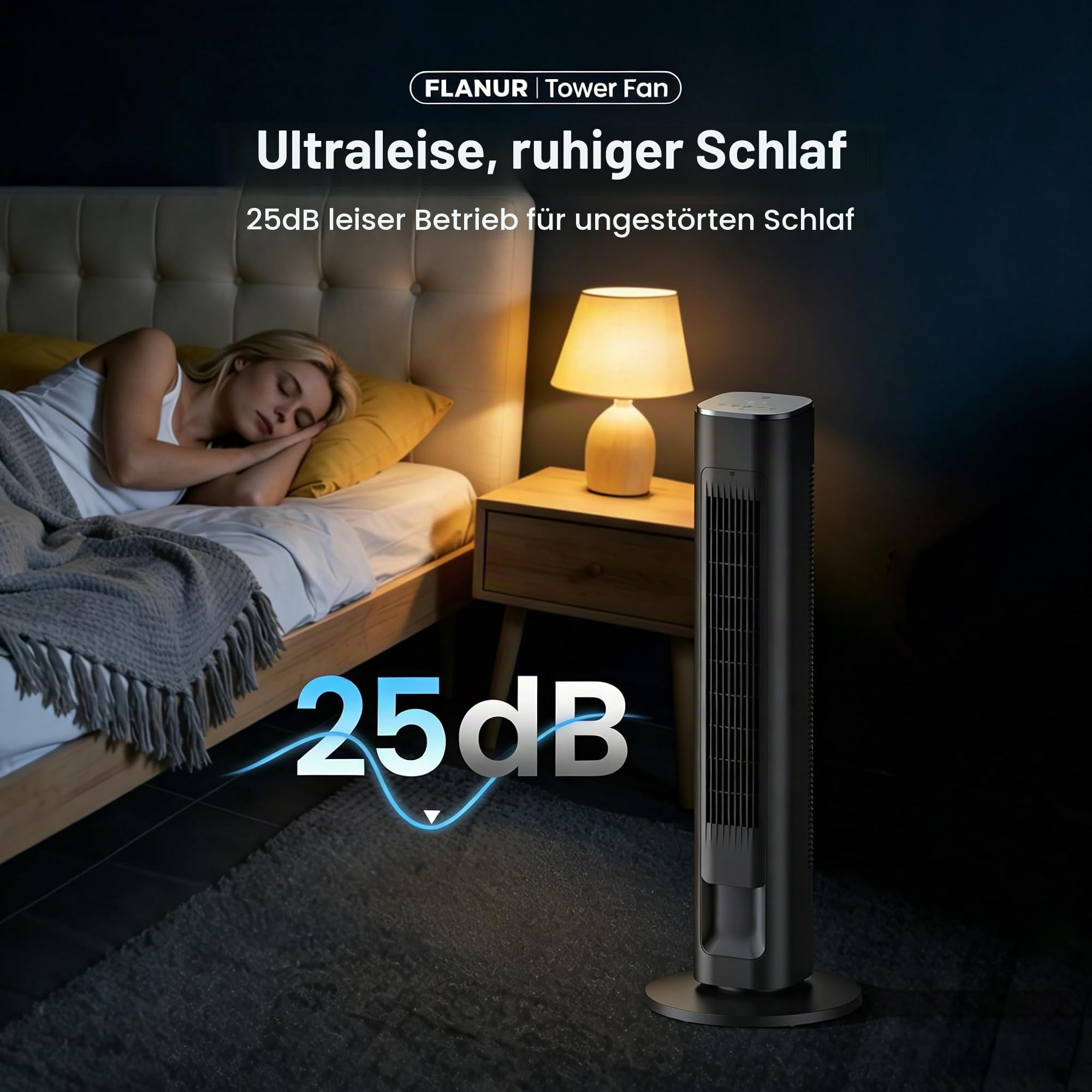FLANUR Turmventilator, 23dB Ventilator Leise mit Kühlung,89cm WiFi Alexa Tower Fan mit Fernbedienung, 90° oszillierender Standventilator, 4 Geschwindigkeiten 12Std Timer, Schwarz, 1 Pack + 4 Modi